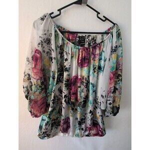 Bisou Bisou Floral Peasant Blouse Women's Size Large Boho Flowy